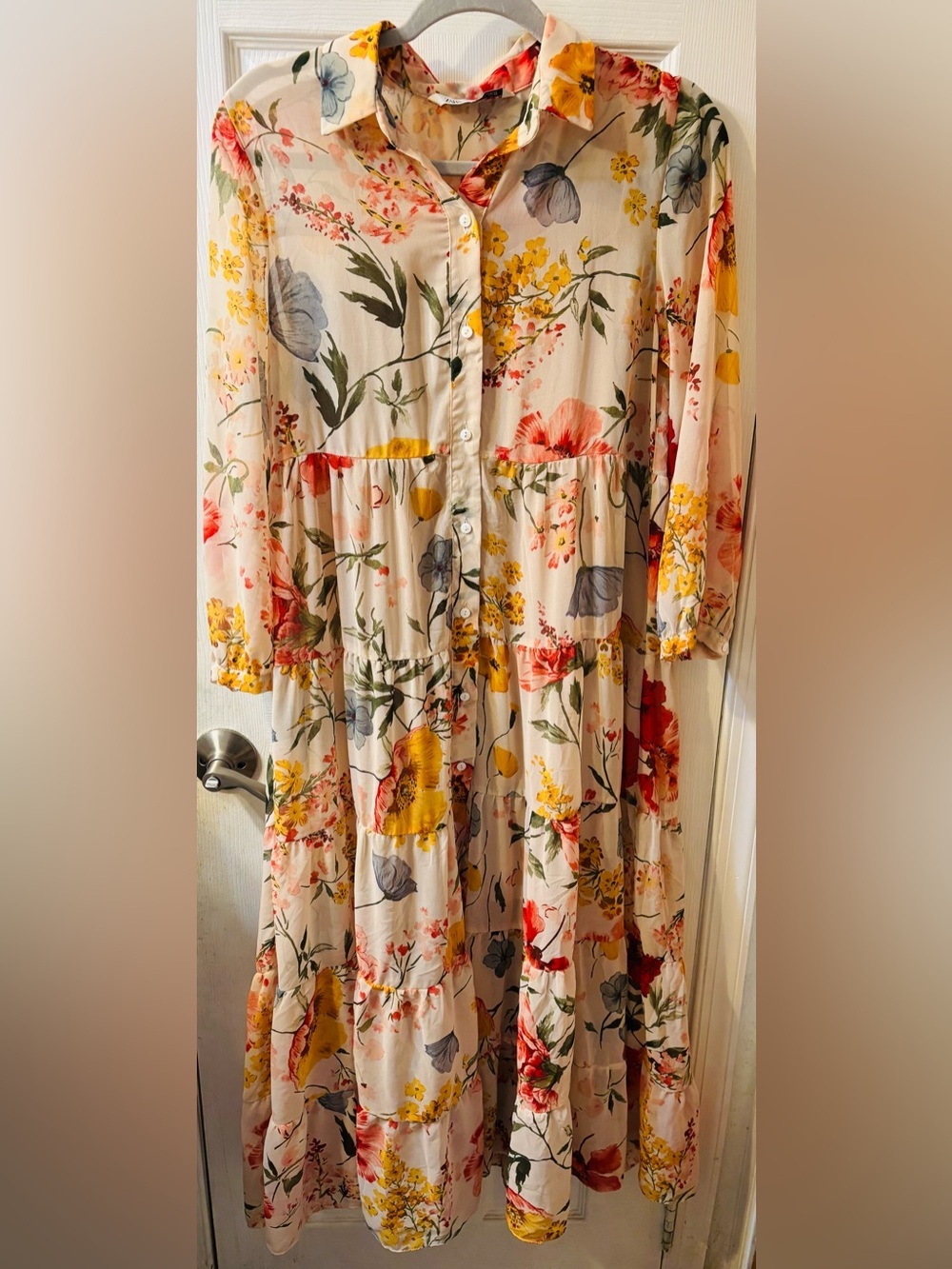 Zara Cream Floral Tiered Midi Dress with Pink & Yellow Blooms - Picture 2 of 5